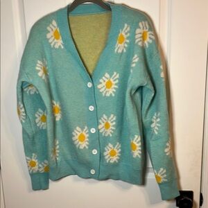 Floral Patterned Blue Cardigan Sweater